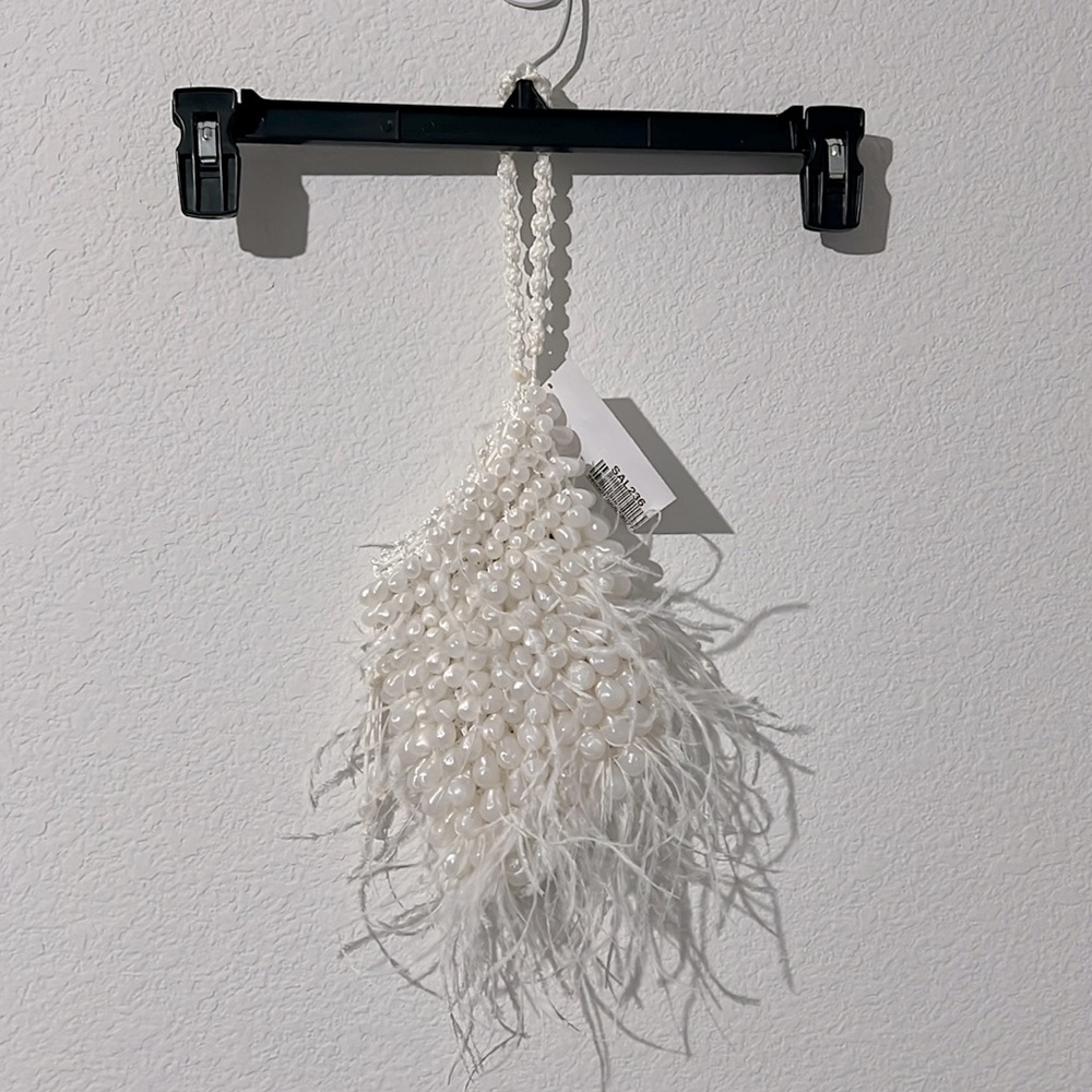 Cult Gaia Dory Ostrich Feather Beaded Wristlet in White, NWT - Picture 9 of 11
